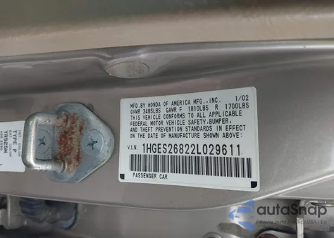 2002 Honda Civic Ex z USA, uszkodzony, nr VIN 1HGES26822L029611